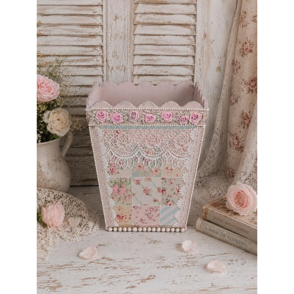 Rachel Ashwell Inspired Shabby Chic Rose Cottagecore Pink Patchwork Wastebasket - Picture 3 of 13
